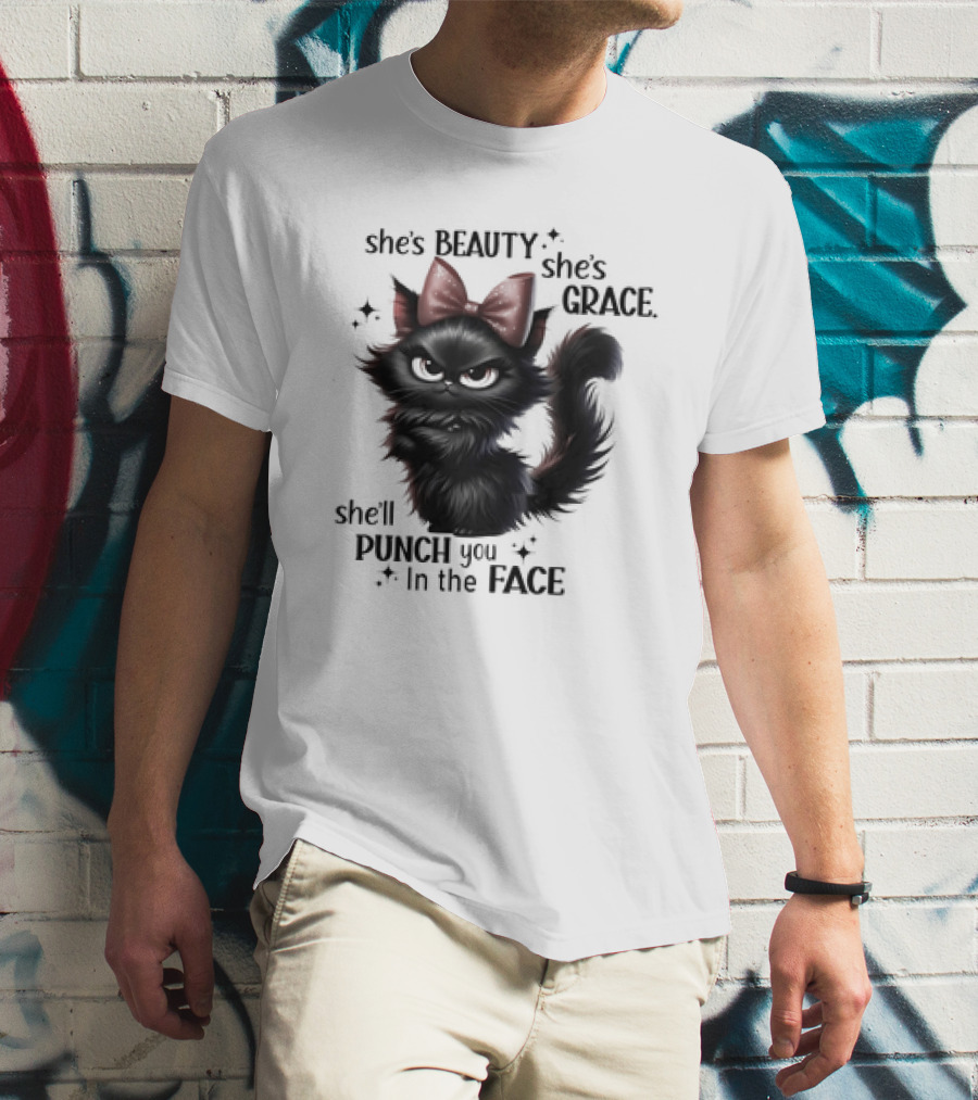 She's Beauty She's Grace She'll Punch You In The Face Black Cat With Bow And Sparkles T-Shirt