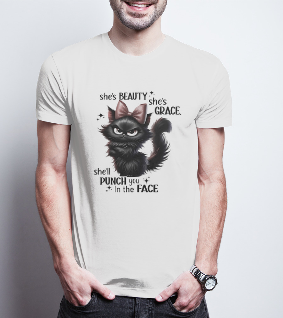 She's Beauty She's Grace She'll Punch You In The Face Black Cat With Bow And Sparkles T-Shirt