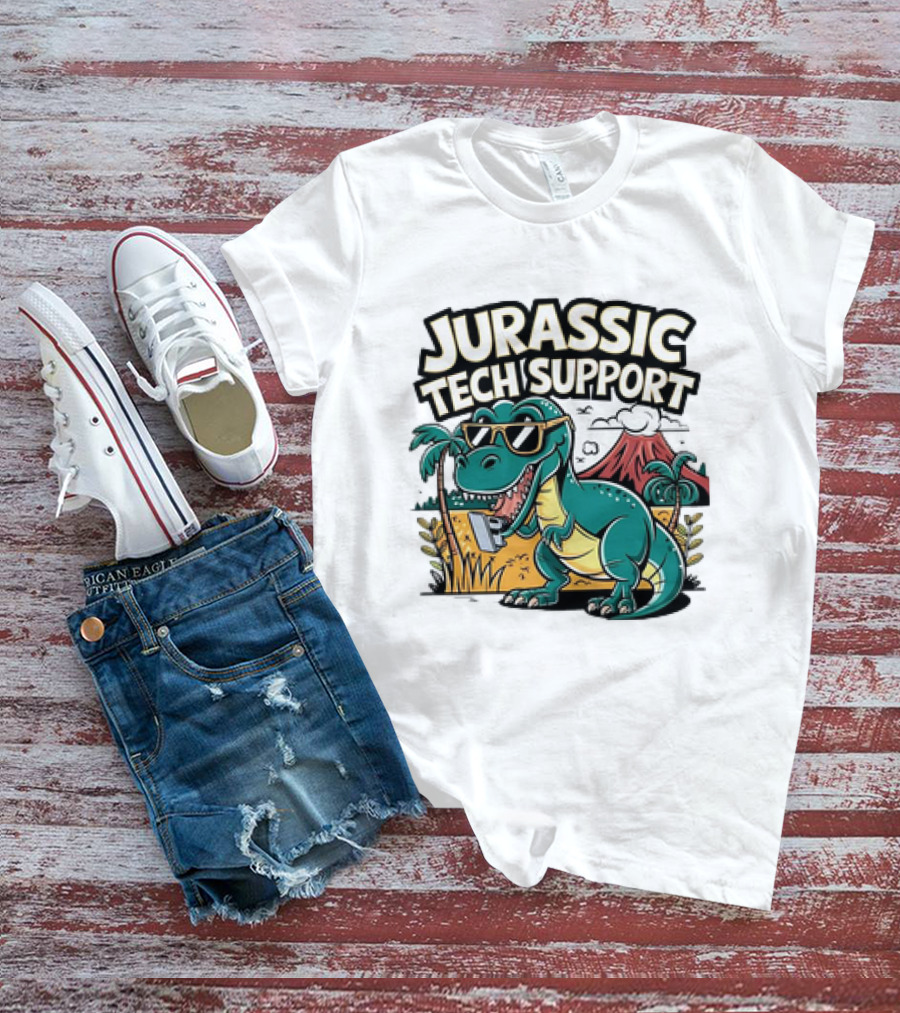 Jurassic Tech Support Dinosaur With Sunglasses And Volcano T-Shirt