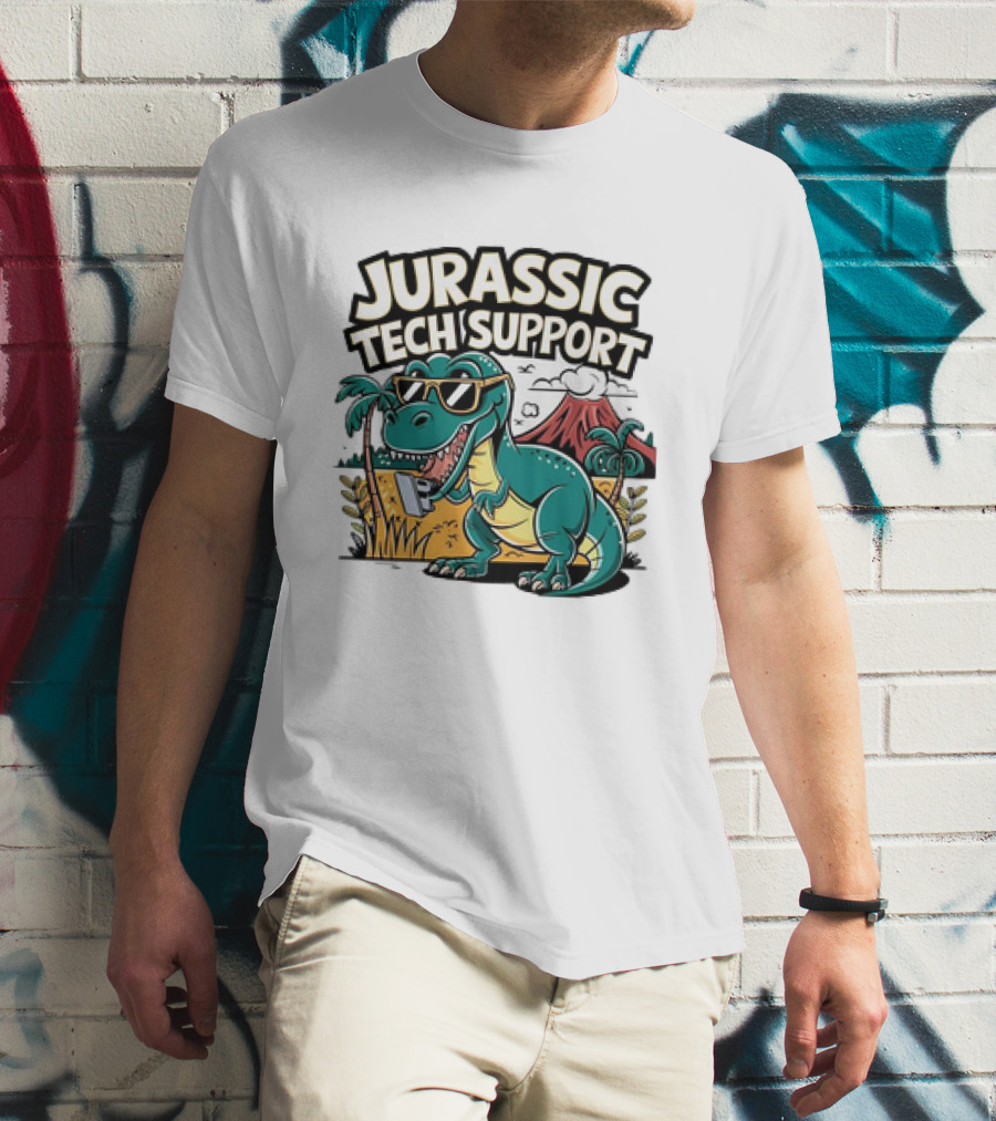 Jurassic Tech Support Dinosaur With Sunglasses And Volcano T-Shirt