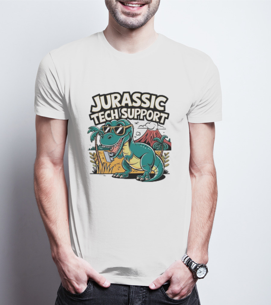 Jurassic Tech Support Dinosaur With Sunglasses And Volcano T-Shirt