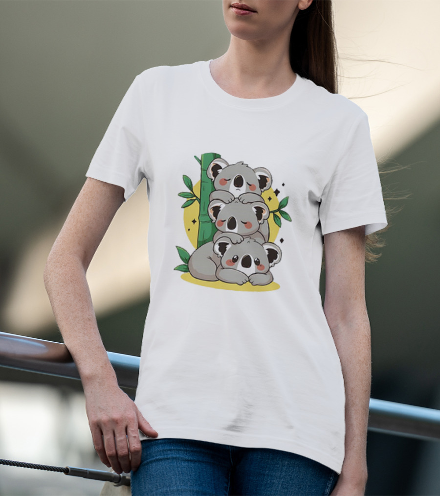 Koala Stack Trio With Bamboo And Leaves T-Shirt