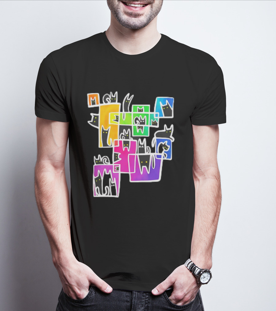 Cats Kitty Warp Rainbow Tetris Blocks T-Shirt