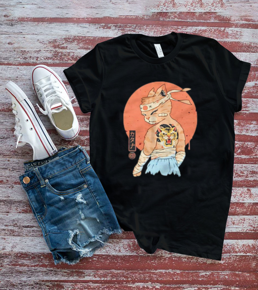 Samurai Cat Katana Battle Damage Japanese Tiger Tattoo T-Shirt