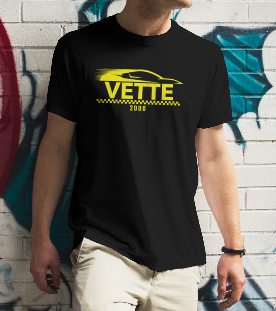 Vette 2000 Sports Car Yellow Silhouette And Checkered Stripe T-Shirt