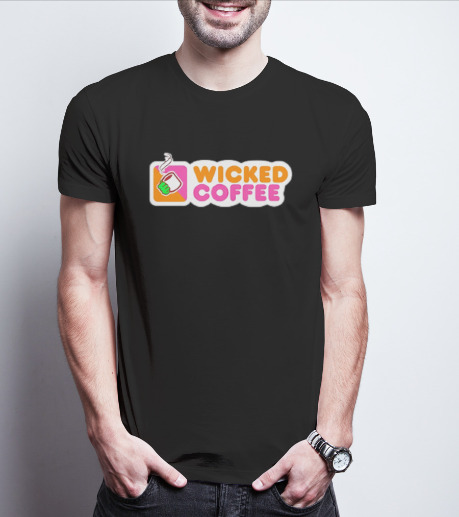 Wicked Coffee With Steaming Cup Emoji In Bold Pink And Orange Letters T-Shirt