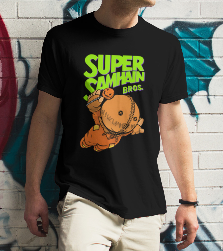 Super Samhain Bros Trick ‘r Treat Sam Icon In Pumpkin Suit With Green And Orange Highlights T-Shirt