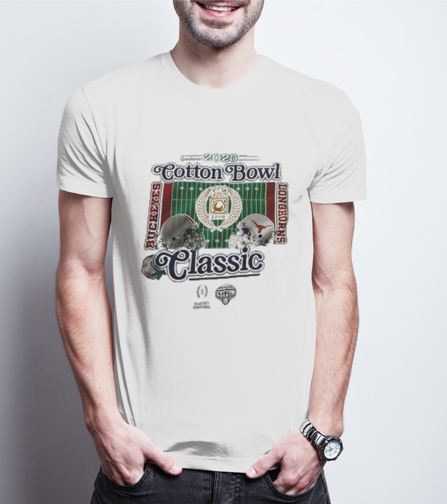 Playoff Central Ohio State Buckeyes Versus Texas Longhorns 2025 Cotton Bowl Classic Helmet Matchup T-Shirt