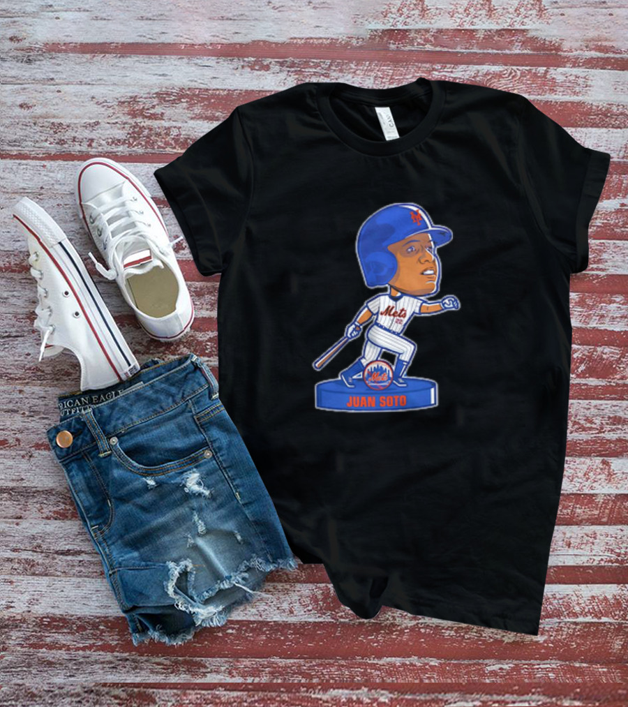 Juan Soto New York Mets Bobblehead Cartoon Mets Logo Baseball T-Shirt