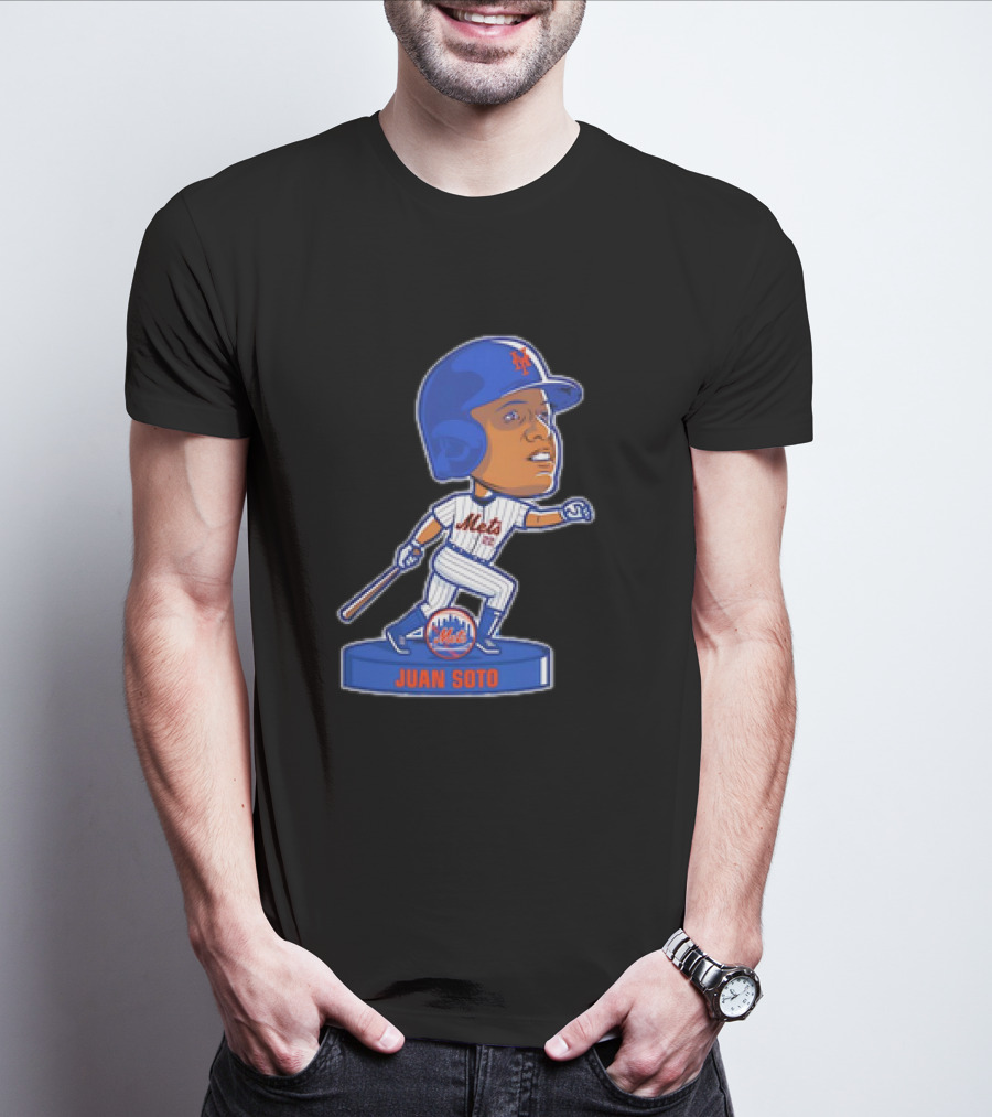 Juan Soto New York Mets Bobblehead Cartoon Mets Logo Baseball T-Shirt