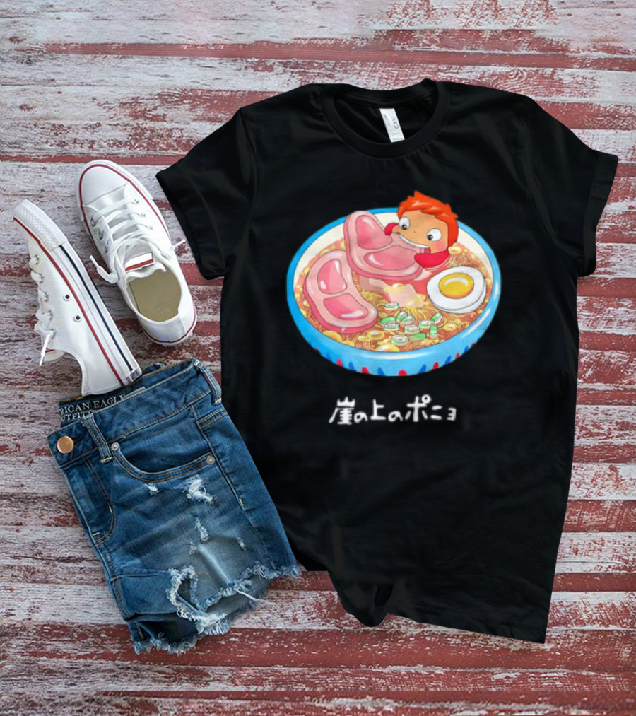 Ponyo Swims In Ramen Bowl With Egg And Noodles Japanese Text T-Shirt
