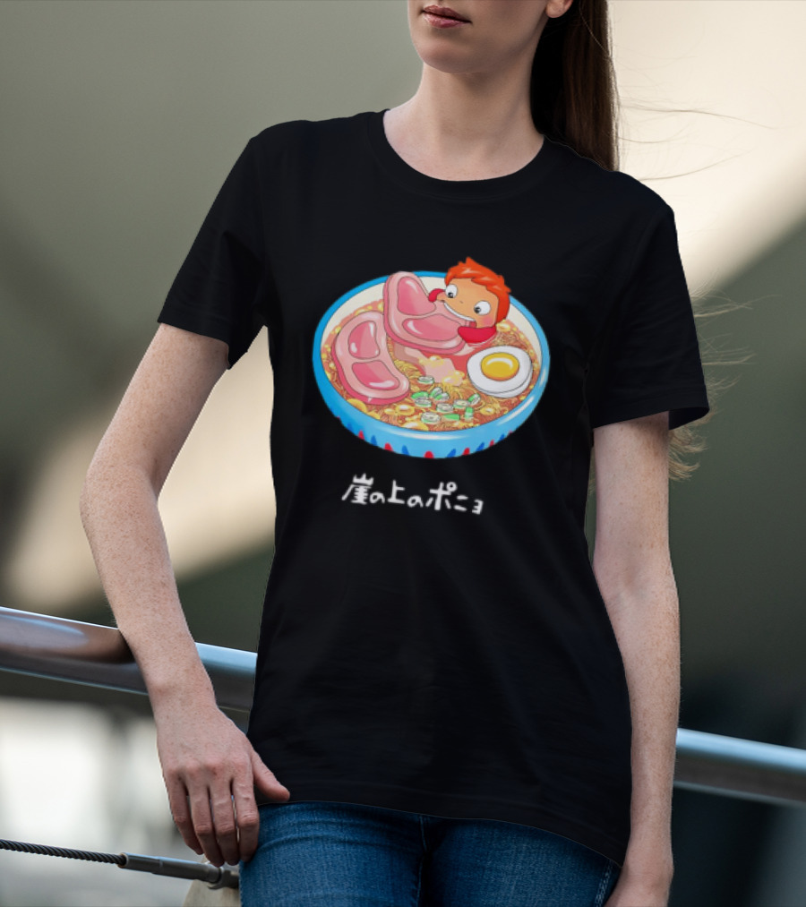 Ponyo Swims In Ramen Bowl With Egg And Noodles Japanese Text T-Shirt