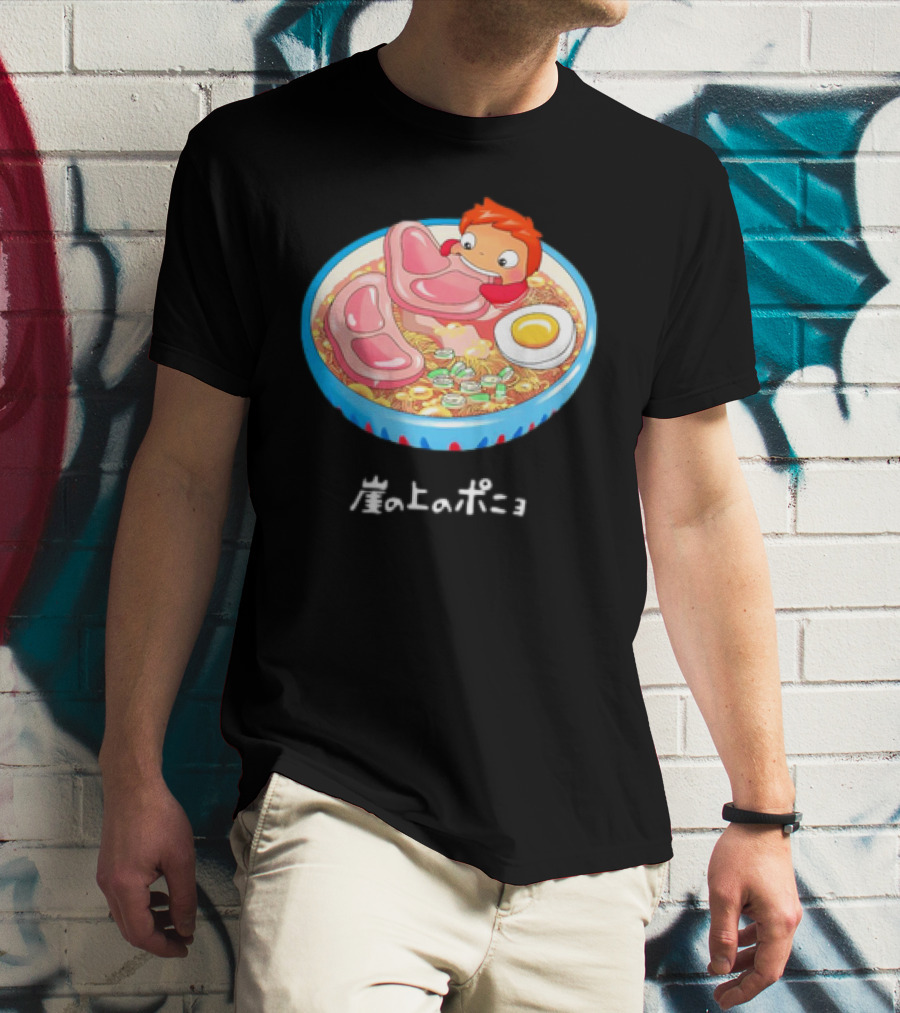 Ponyo Swims In Ramen Bowl With Egg And Noodles Japanese Text T-Shirt