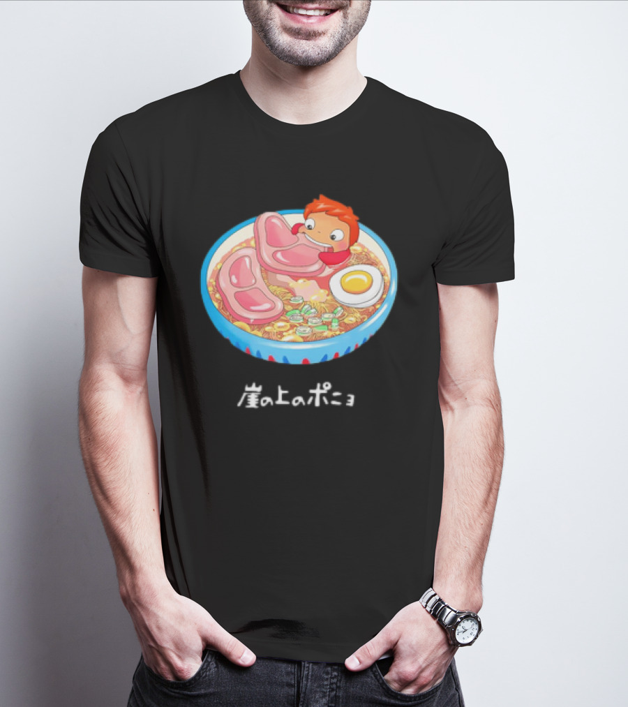 Ponyo Swims In Ramen Bowl With Egg And Noodles Japanese Text T-Shirt