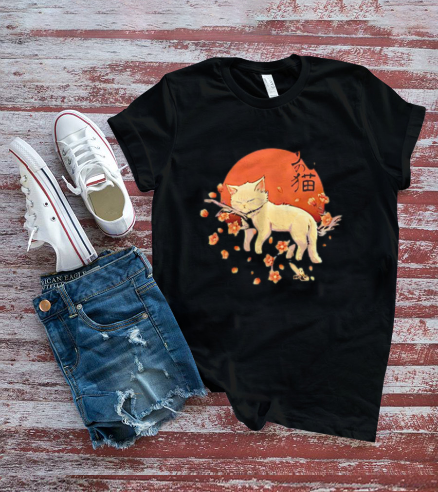 Sleeping Cat With Blossoms Under Red Sun T-Shirt
