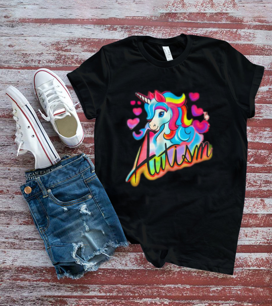 Autism Unicorn With Colorful Hearts T-Shirt