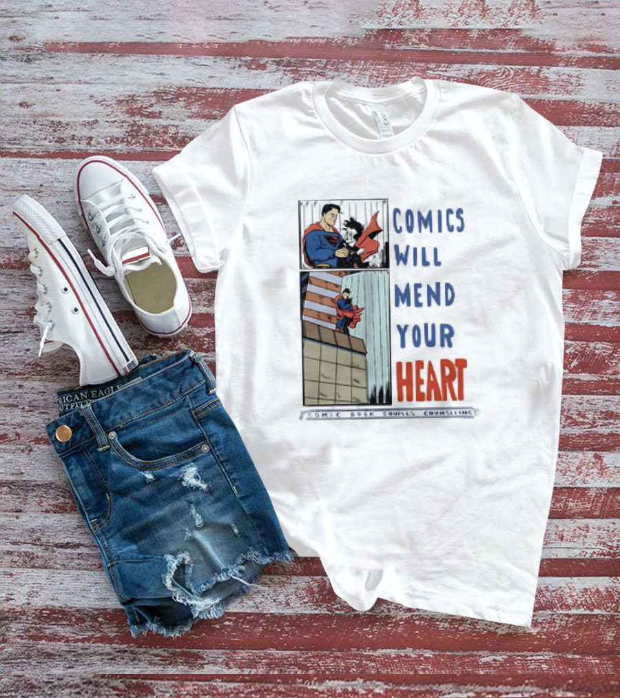Comics Will Mend Your Heart Comic Book Couples Counseling Iconic Characters Embrace T-Shirt