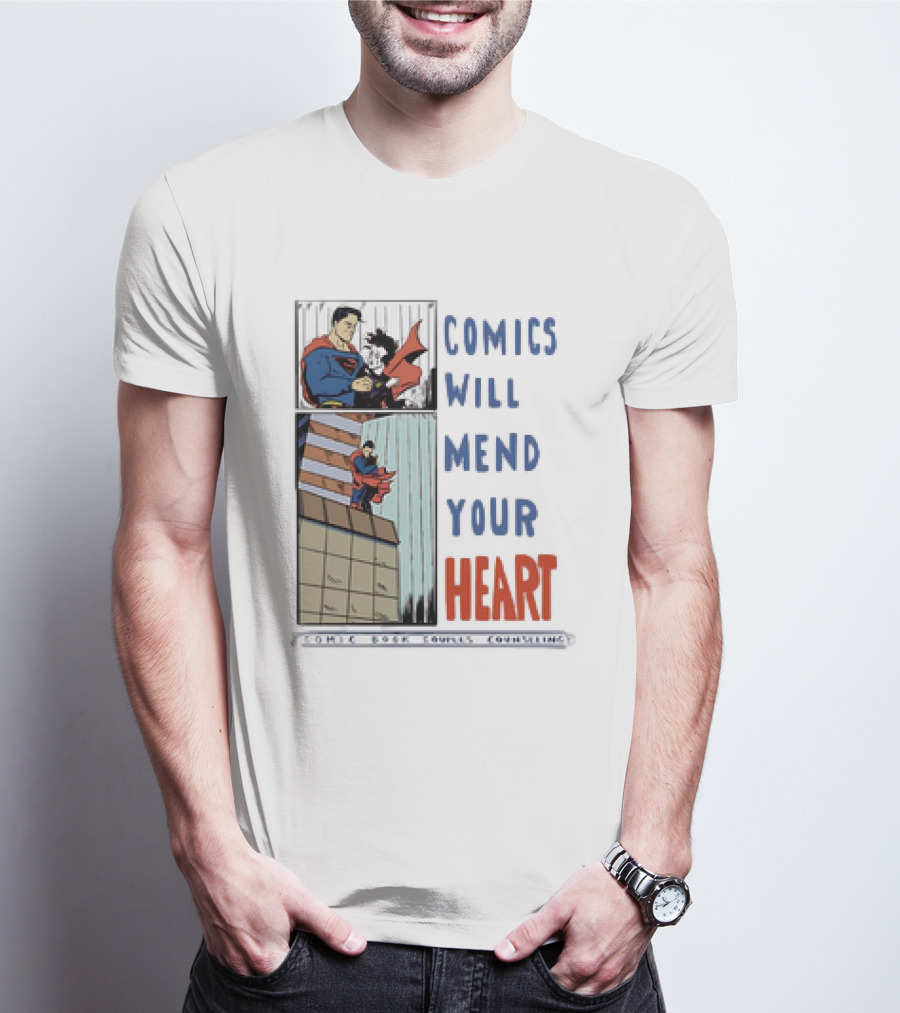 Comics Will Mend Your Heart Comic Book Couples Counseling Iconic Characters Embrace T-Shirt