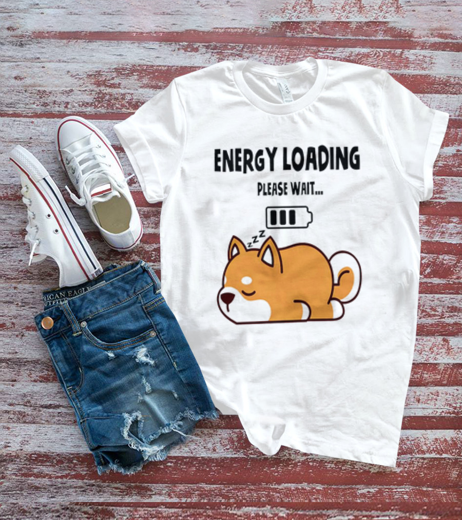 Shiba Inu Energy Loading Please Wait Battery Charging Sleepy Dog T-Shirt