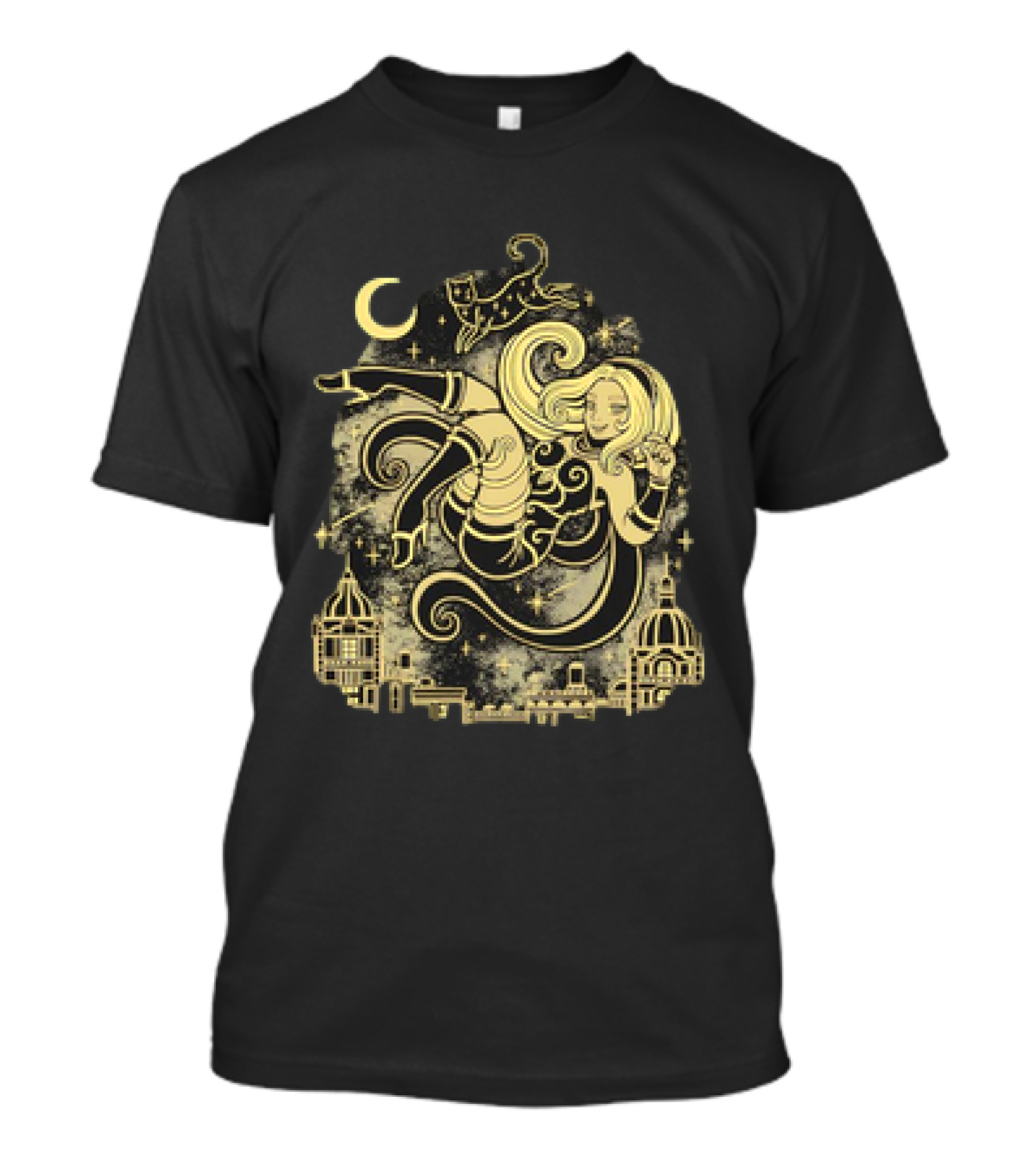 Gravity Rush Floating Cat And Girl In The Sky With Crescent Moon Cityscape T-Shirt