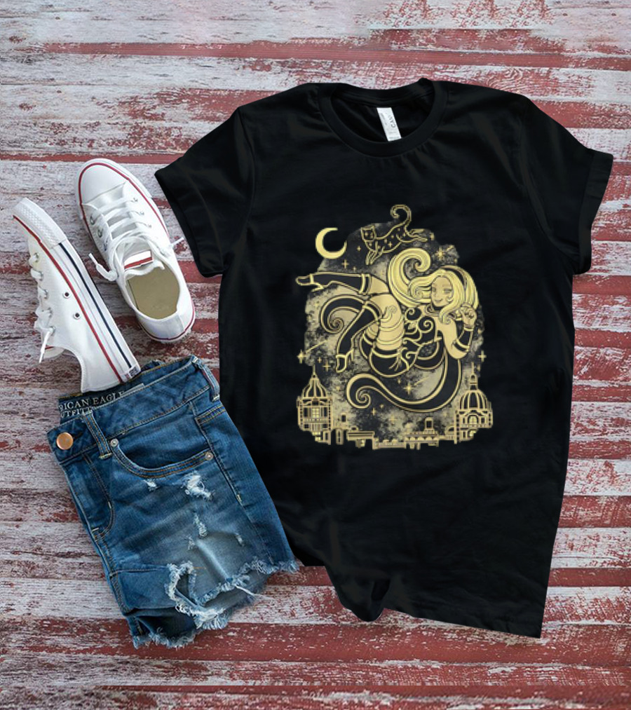 Gravity Rush Floating Cat And Girl In The Sky With Crescent Moon Cityscape T-Shirt