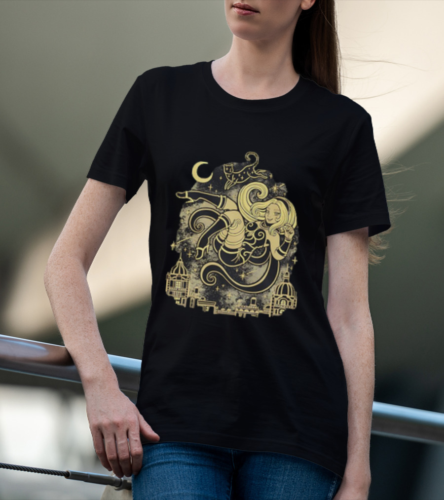 Gravity Rush Floating Cat And Girl In The Sky With Crescent Moon Cityscape T-Shirt