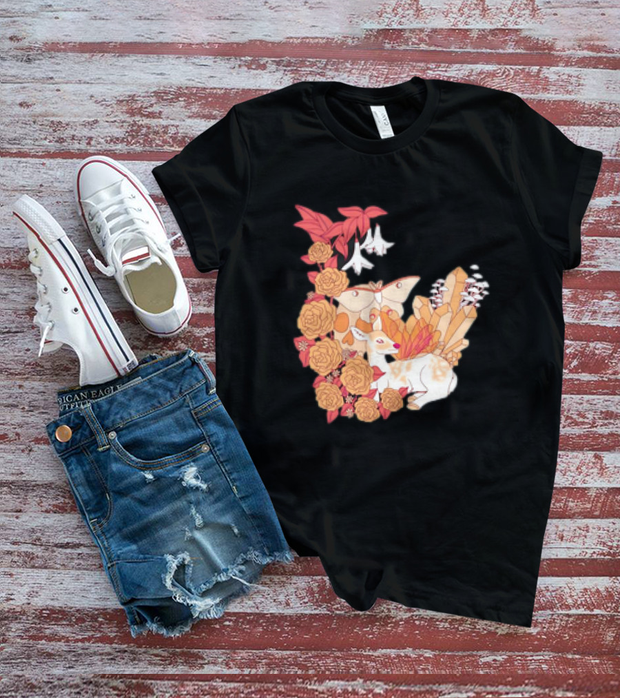 Mystical Forest Fawn Surrounded By Roses And Butterflies T-Shirt
