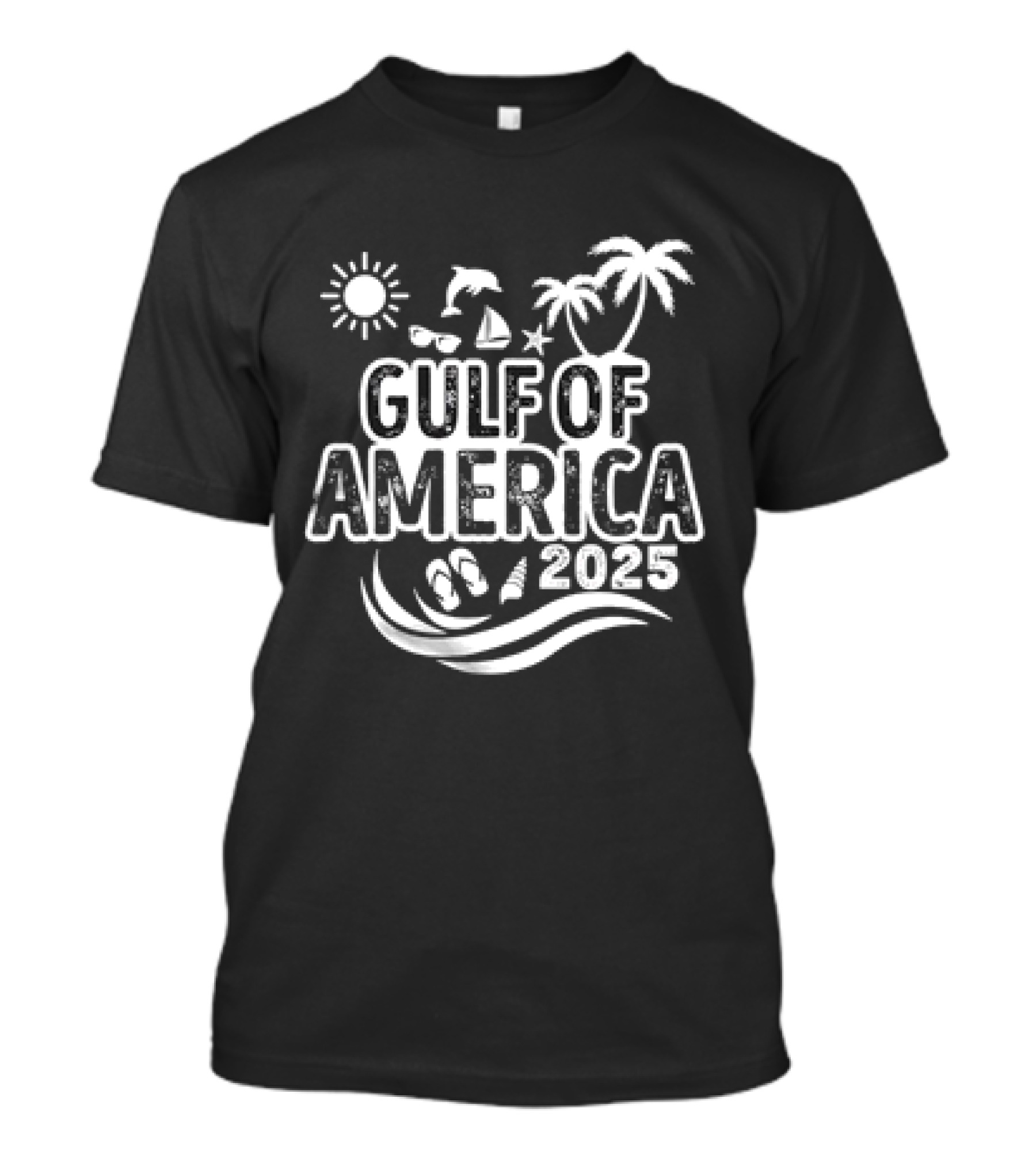 Gulf Of America 2025 Sun Palm Trees Dolphin Sailboat Sandals Waves T-Shirt