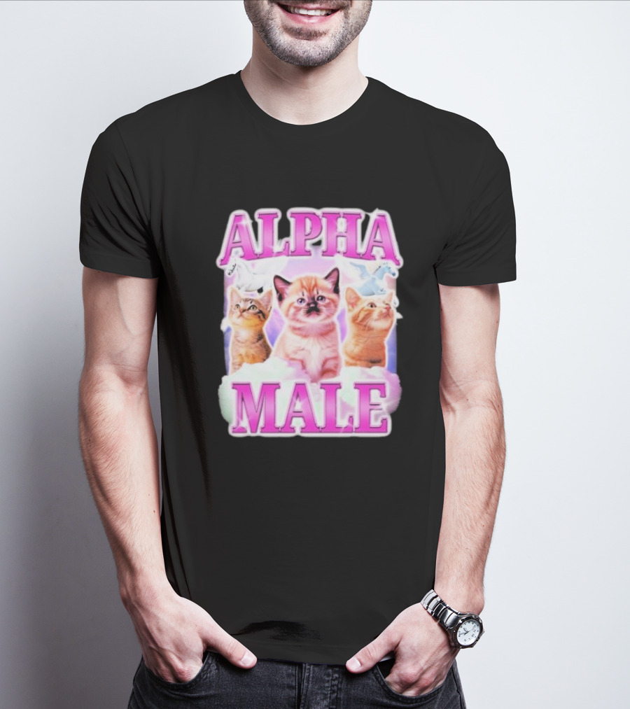 Alpha Male Cat Trio With Rainbow Unicorns And Clouds T-Shirt