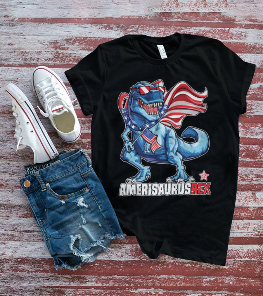Amerisaurus Rex Dinosaur With American Flag And Sunglasses T-Shirt