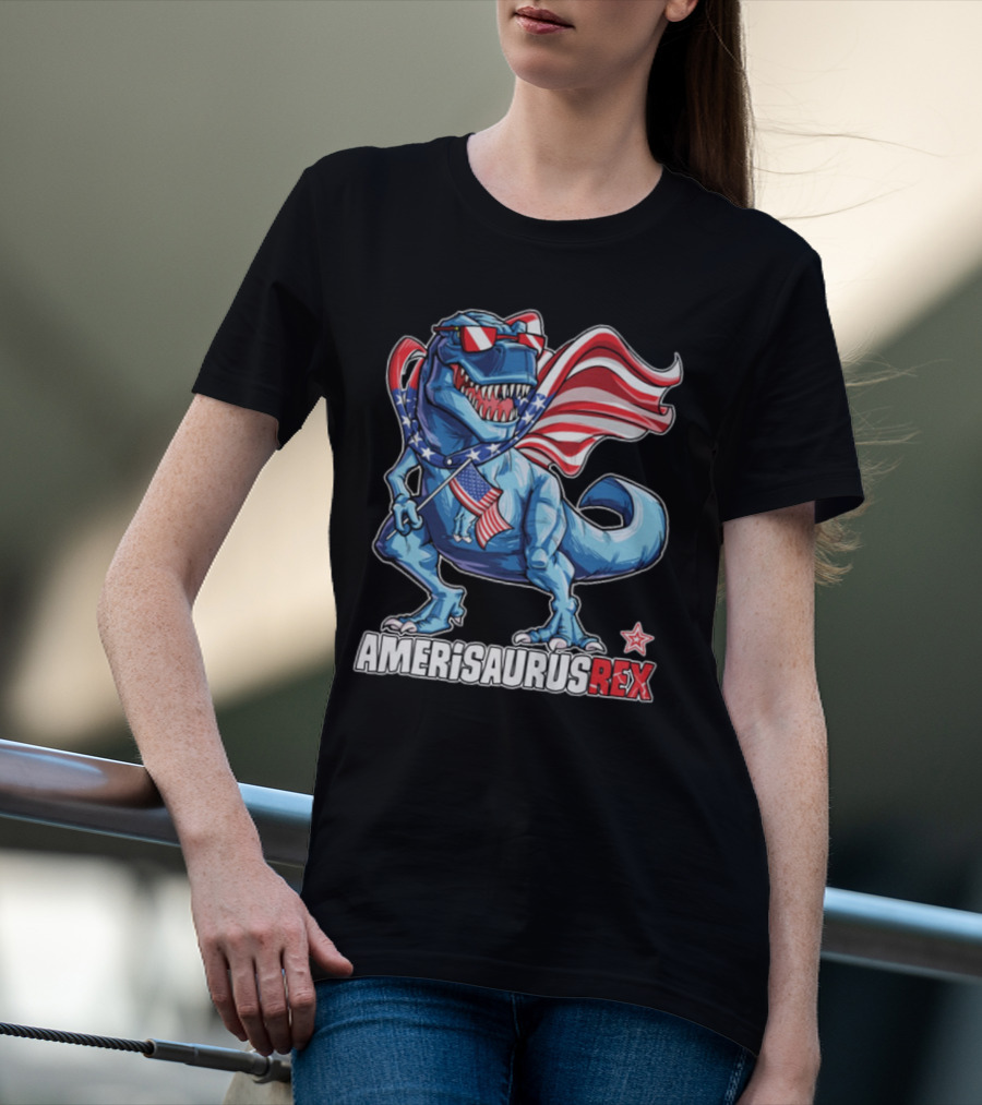 Amerisaurus Rex Dinosaur With American Flag And Sunglasses T-Shirt