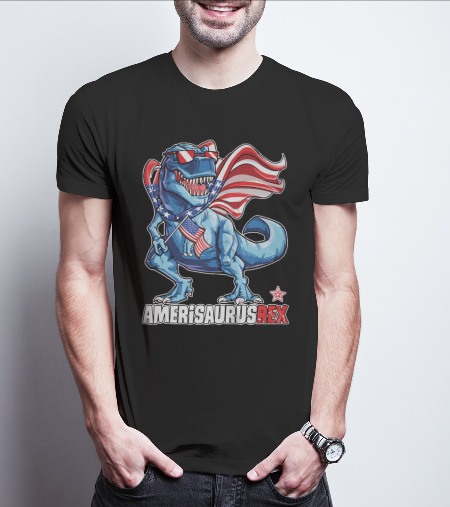 Amerisaurus Rex Dinosaur With American Flag And Sunglasses T-Shirt