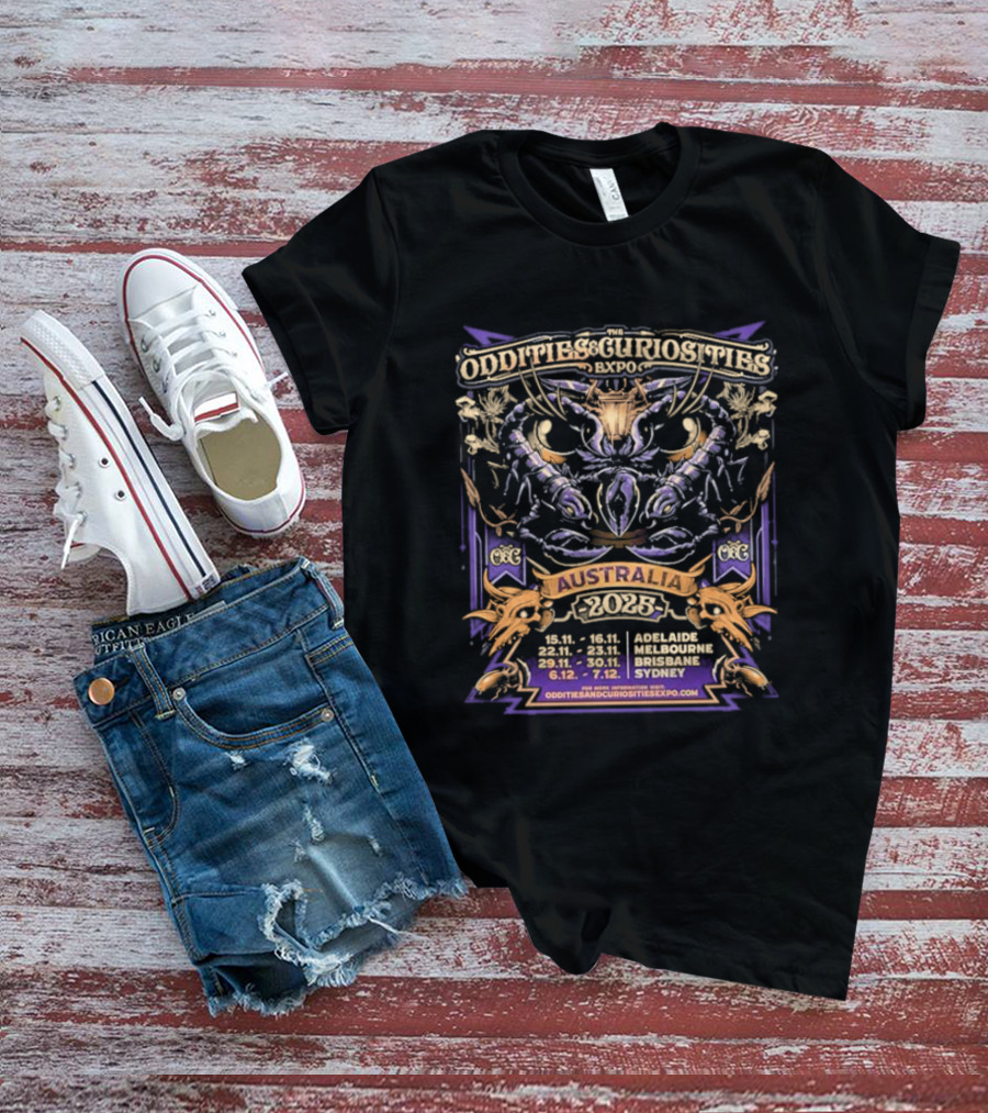 Oddities And Curiosities Expo 2025 Australia Tour Melbourne Adelaide Brisbane Sydney With Scorpion Illustration T-Shirt