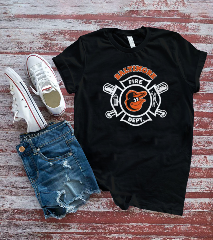 Baltimore Orioles Fire Dept Firefighters Badge Logo With Team Mascot T-Shirt