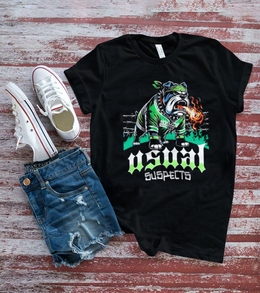 Usual Suspects Bulldog With Fiery Breath And Green Bandana T-Shirt