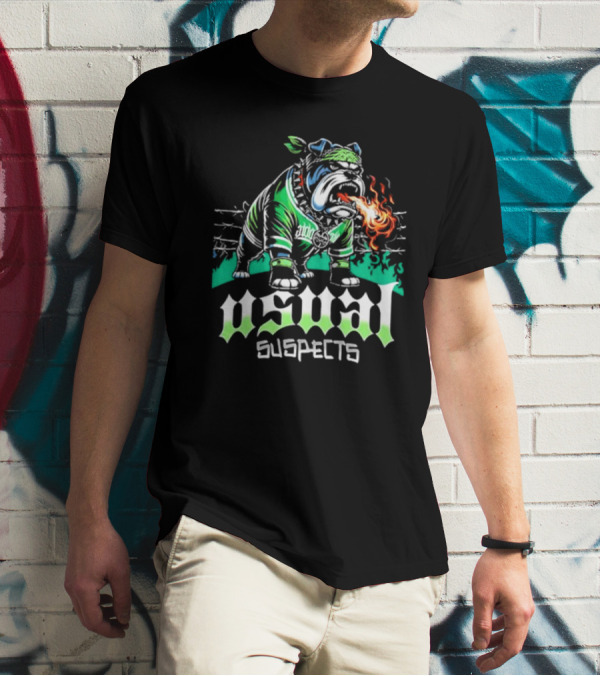 Usual Suspects Bulldog With Fiery Breath And Green Bandana T-Shirt