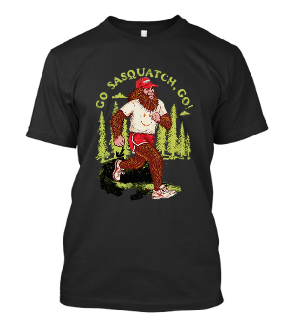 Go Sasquatch Go Bigfoot Jogging In Forest With Red Cap And Sneakers T-Shirt