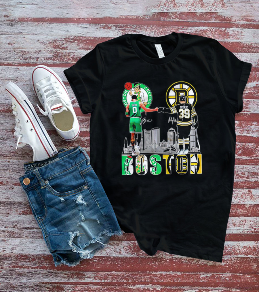 Boston Celtics Jayson Tatum Boston Bruins Morgan Geekie Signatures Skyline T-Shirt