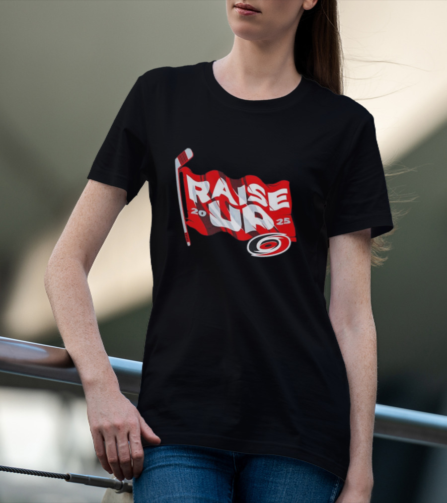 Carolina Hurricanes 2025 Raise Up Stanley Cup Playoffs Flag Hockey Stick Logo T-Shirt