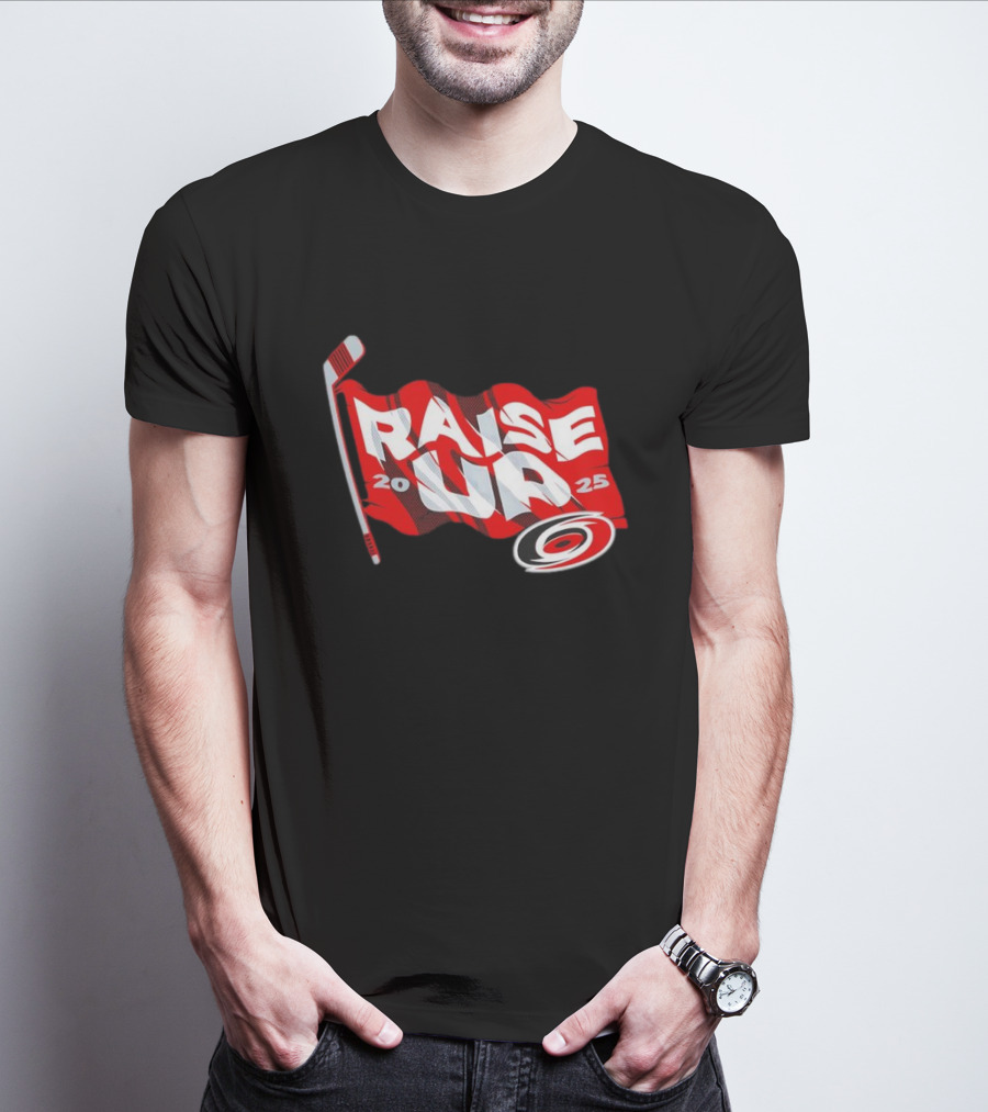Carolina Hurricanes 2025 Raise Up Stanley Cup Playoffs Flag Hockey Stick Logo T-Shirt