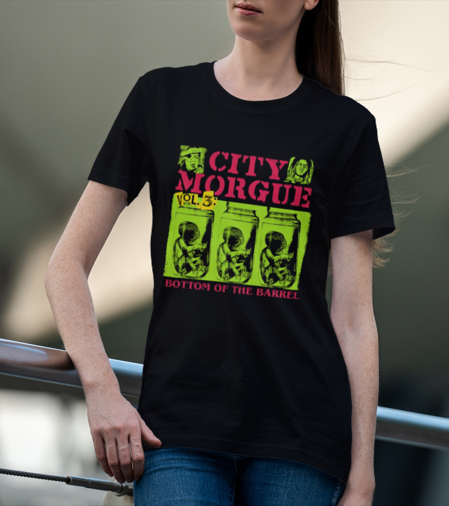 City Morgue Bottom Of The Barrel Green Neon Skeleton Illustrations T-Shirt