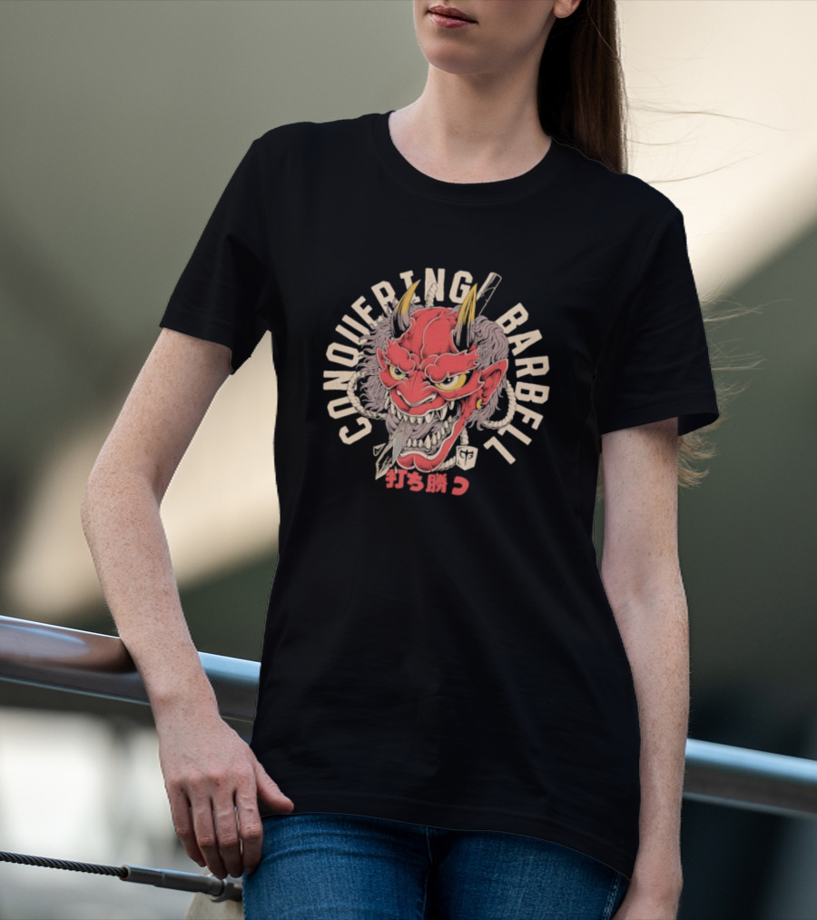 Conquering Barbell Oni Mask Japanese Text T-Shirt