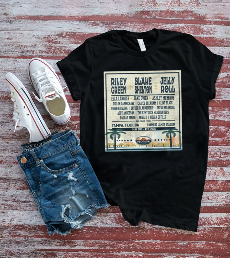 Country Thunder Florida Music Festival 2025 Tampa Lineup Blake Shelton Jelly Roll Raymond James Stadium May 2nd To 4th T-Shirt