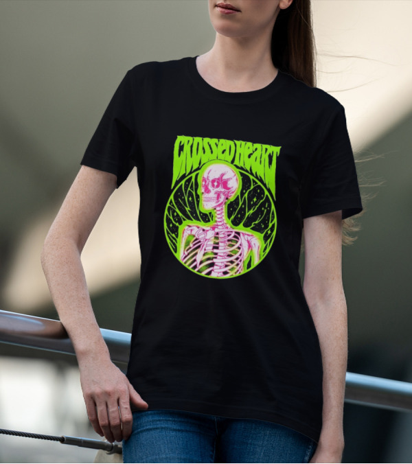 Crossed Heart Skeleton Neon Illustration T-Shirt