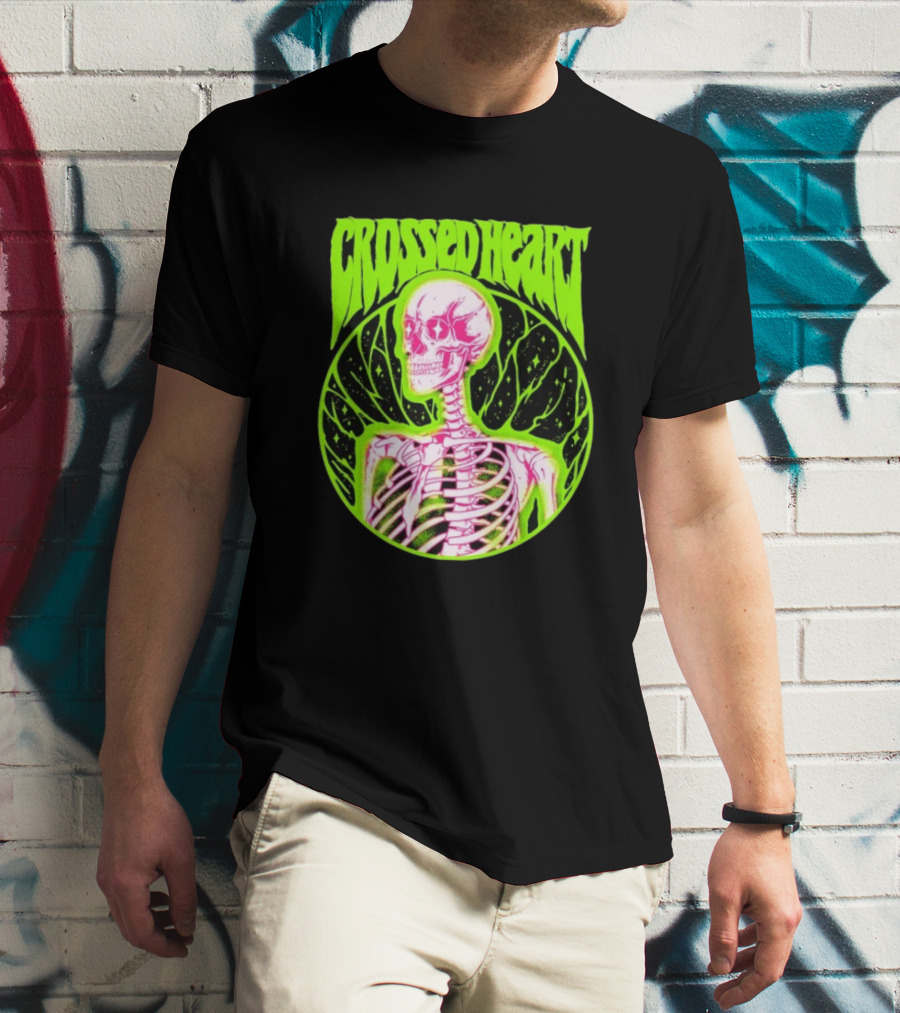 Crossed Heart Skeleton Neon Illustration T-Shirt