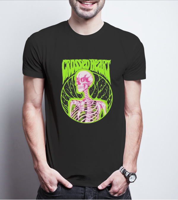 Crossed Heart Skeleton Neon Illustration T-Shirt