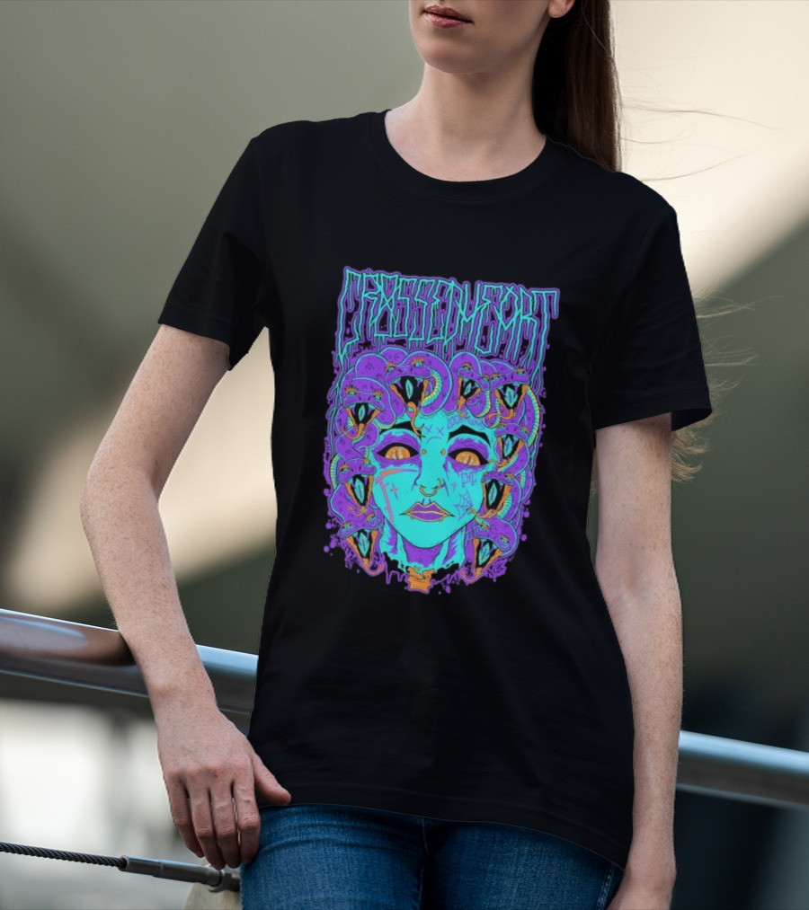 Crossed Heart Neon Medusa Snakes T-Shirt