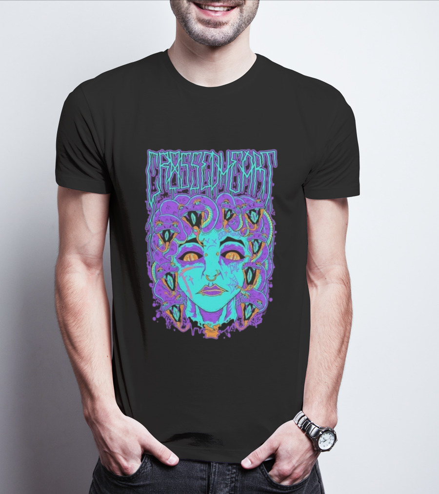 Crossed Heart Neon Medusa Snakes T-Shirt