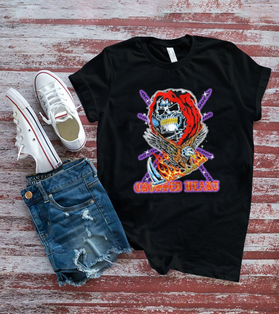 Crossed Heart No Mercy Skull Eagle Flames Chains T-Shirt