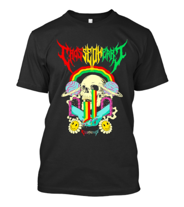 Crossed Heart Skull With Rainbow And Smiley Faces T-Shirt